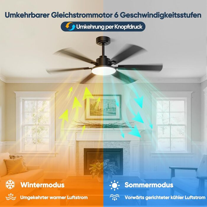 Стеляний вентилятор з підсвіткою 132см, 6 лопатей, з пультом керування, тихий DC-двигун, 6 швидкостей, 3CCT, регульоване LED-підсвітлення, двосторонні лопаті для спальні/вітальні