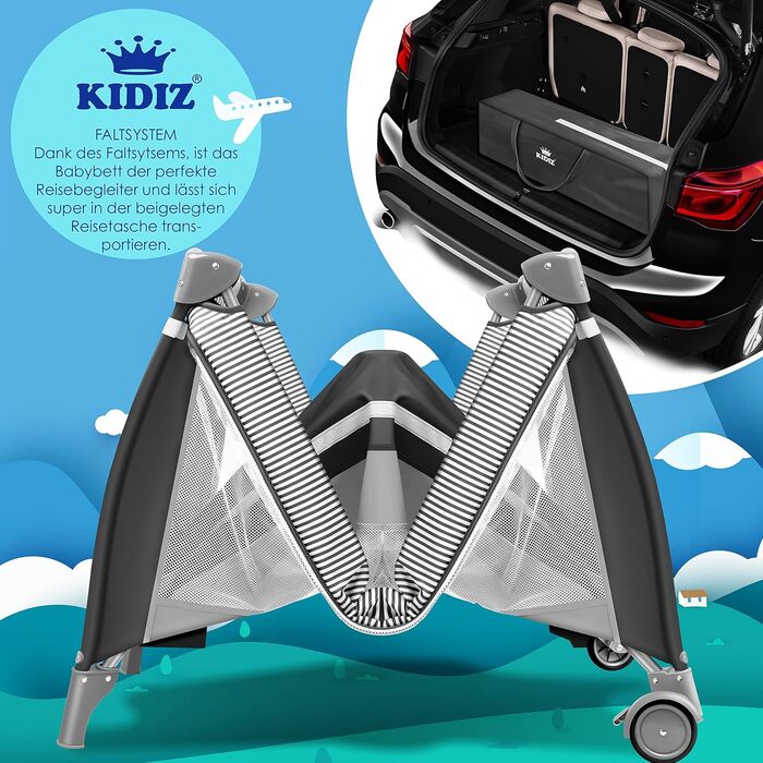 Kidiz® Baby Bed 3 in 1 Travel Bed Combo Set Baby Bed with Changing Pad Mosquito Net Playard Baby from Birth to 15 kg Airy Side Walls with Side Entrance Carry Bag Foldable, Grey