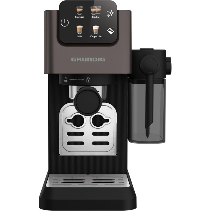 GRUNDIG KSM 5330 Espresso Machine with Integrated Milk Container, 1628 W Power, 15 bar Pump Pressure, Dual Nozzle, Color Touch Display, BrewSense, CreamyPro, Dark Inox/Black. With Milk Container