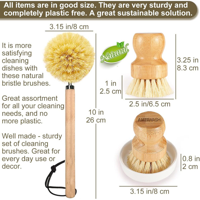 Dish Brush Set made of wood, for cleaning pots, pans and vegetables, natural bristles, bamboo scrub brushes with ceramic bowl, 1 long-handled dish brush + 2 palm-sized scrub brushes