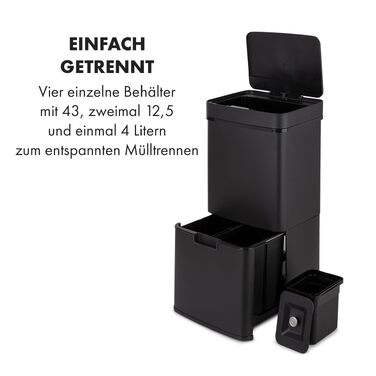 Сенсорний сміттєвий кошик Klarstein Touchless, 72 л, 4 відсіки (43л + 2x12,5л + 12,5л), автоматичне відкриття та закриття, матово-чорний