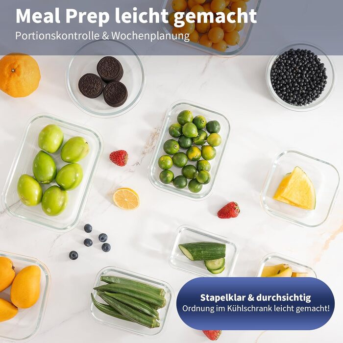 Набір скляних контейнерів для зберігання їжі, 10 шт., з кришками з преміум-пластику, герметичні, BPA-free, блакитні