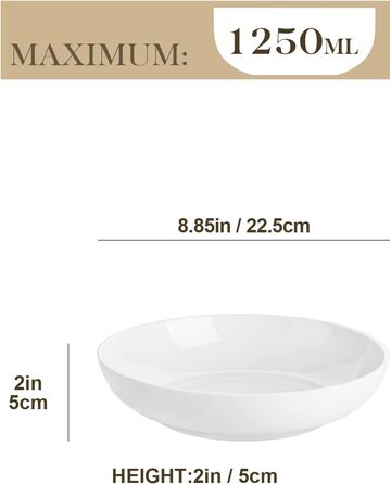 Набір посуду MALACASA, 6 предметів: тарілки для пасти, супу, салату, сервірування. Білий порцелан, 1250 мл