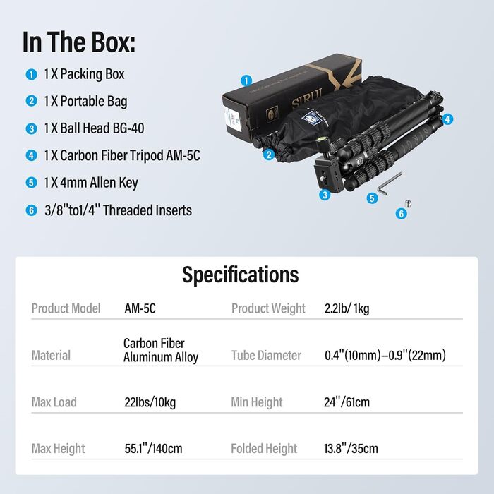 Штатив SIRUI AM-5C Carbon з кульковою головкою, 140 см, вантажопідйомність 10 кг