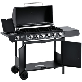 Газовий гриль Outsunny BBQ з візком, 6 конфорок, 1 бічна конфорка, шафка, багатофункціональний, метал, чорний, 135 x 50 x 100 см | Aosom