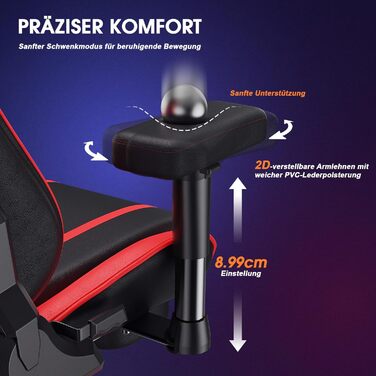 Ігровий крісло Douxlife з функцією масажу та підігрівом, ергономічний офісний крісло з підставкою для ніг, регулювання 90°-175°, м'які 2D підлокітники, геймерське крісло для ПК, 181 кг, (Червоний)