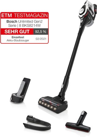 Bosch Unlimited Gen2 Series 8 Cordless Vacuum Cleaner BKS8214W, bagless, up to 45 minutes runtime, interchangeable battery, LED lighting, automatic adjustment to all floor types, XXL upholstery nozzle, white