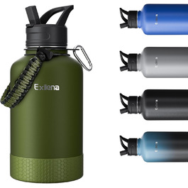 2L Stainless Steel Water Bottle with Straw, Double-Insulated Water Bottle 2 Liter with Two Lids and Protective Silicone Boot, Practical Paracord Handle for Carrying - (1893 ml, Green)