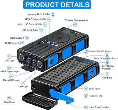 Сонячний Power Bank 26800 mAh з ручкою та 4 кабелями, USB-C, 7 виходів, 4 входи, для телефону, Outdoor, водонепроникний, зовнішній акумулятор для кемпінгу (Синій)