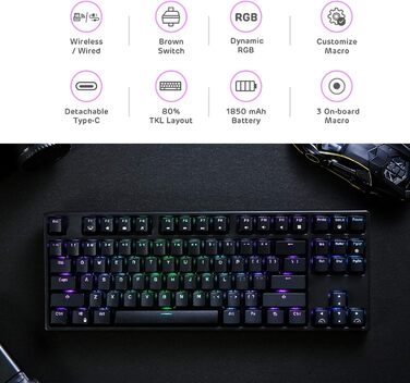 Механічна ігрова клавіатура Royal Kludge RK87G RGB TKL з 87 клавішами, без NumPad, тактильні коричневі перемикачі, підключення 2.4G, макроналаштування, чорний колір
