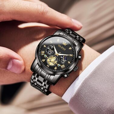 Годинник чоловічий OLEVS з металевим ремінцем, кварцовий, з місячною фазою, хронограф, водонепроникний, чорний (2856)