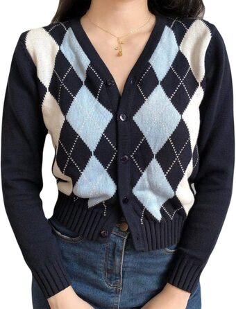 Жіночий пуловер на осінь з довгим рукавом, в'язаний кардиган у стилі ретро з візерунком аргайл/кліткою. Slim-fit, кроп-модель, верхній одяг.
