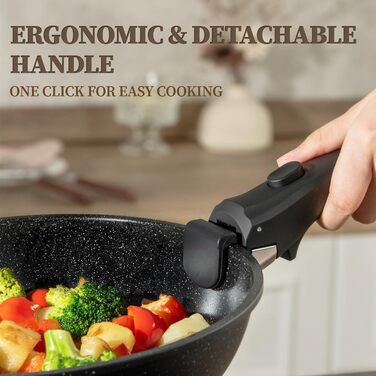 Набір посуду керамічний 23 предмети з антипригарним покриттям та знімними ручками, чорний. Підходить для всіх типів плит, включаючи індукційні. Сковороди 20/26 см, каструля 18 см, сотейник 24 см, жароміцний.