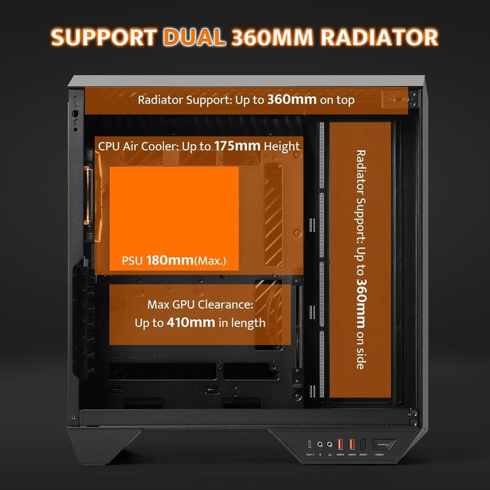 darkFlash DY470 - Корпус для ігрового ПК Full-Tower ATX з 4 PWM-ARGB вентиляторами, підтримка RTX 40, 2 камери, панорамне скло, радіатори до 360 мм (білий)