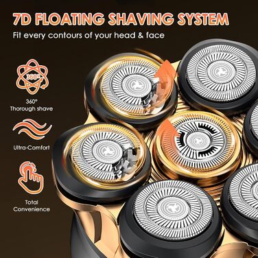 Електрична бритва чоловіча 7D Glatzen з плаваючою головкою, LED-дисплеєм, 2 режимами, Type-C зарядка, водонепроникна, акумулятор 120 хв, золотий колір