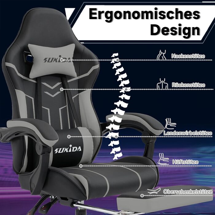 Ігрове крісло SUKIDA Ergonomic Gaming Chair з підставкою для ніг та підтримкою попереку, чорно-сіре