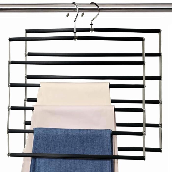 Collapsible Trouser Hangers, 2 Pack Trouser Hangers Space-Saving, Foldable Non-Slip Trouser Rack Made of Stainless Steel, Multifunctional Closet Organizer, Holds Multiple Pants, Jeans, Scarves