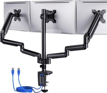 Кронштейн для 3 моніторів ErGear (13-27 дюймів), тримач для екранів з 2 USB-портами, VESA 75/100, навантаження до 8 кг на руку, чорний