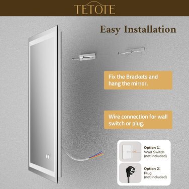 Дзеркало для ванної кімнати TETOTE з підсвічуванням 50x70 см, без рами, LED, сенсорне керування, 3 кольори, регулювання яскравості, пам'ять, 70 см x 50 см