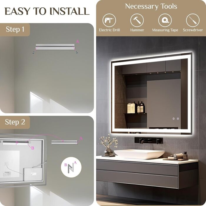 Дзеркало для ванної кімнати Clevich з підсвічуванням 70x50 см, LED дзеркало з 3 кольорами світла, регульована яскравість, захисне скло, сенсорне управління, функція пам'яті, запобігання запотіванню, 80x60 см