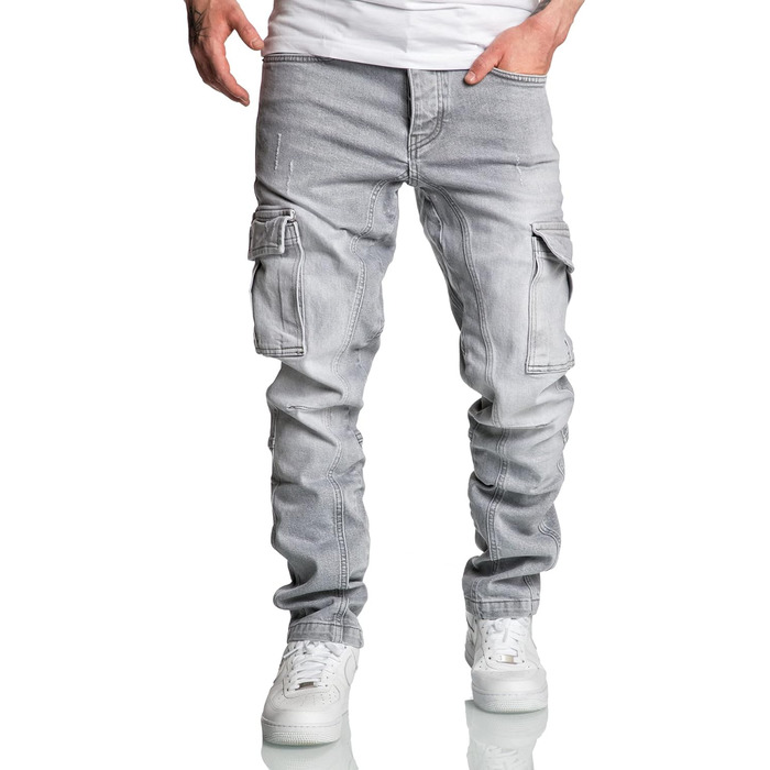 Чоловічі джинси карго Amaci&Sons Regular Slim 7977 (30W/30L, світло-сірі, з потертостями)