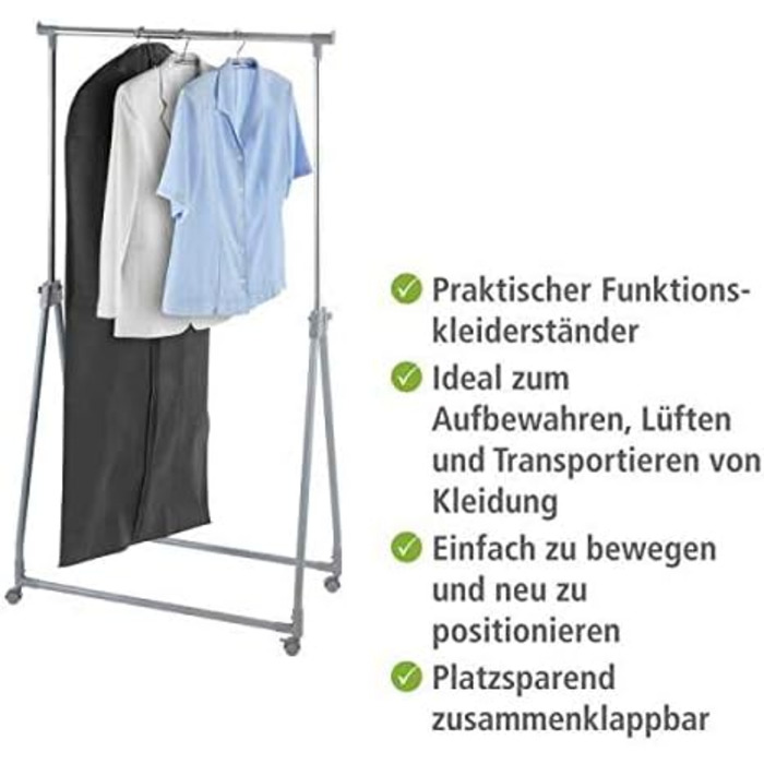 WENKO Clothes Rack Folding, Clothes Storage with Adjustable Clothes Rail and Wheels, Plastic/Metal, 88 x 100-168 x 11-49 cm, Chrome/Grey