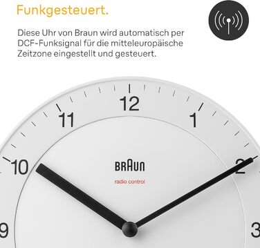 Braun Classic Radio Wall Clock, Central European Time Zone (CET/GMT+1) with a quiet movement, easy-to-read dial with a 20 cm diameter in white, model BC06W-DCF.