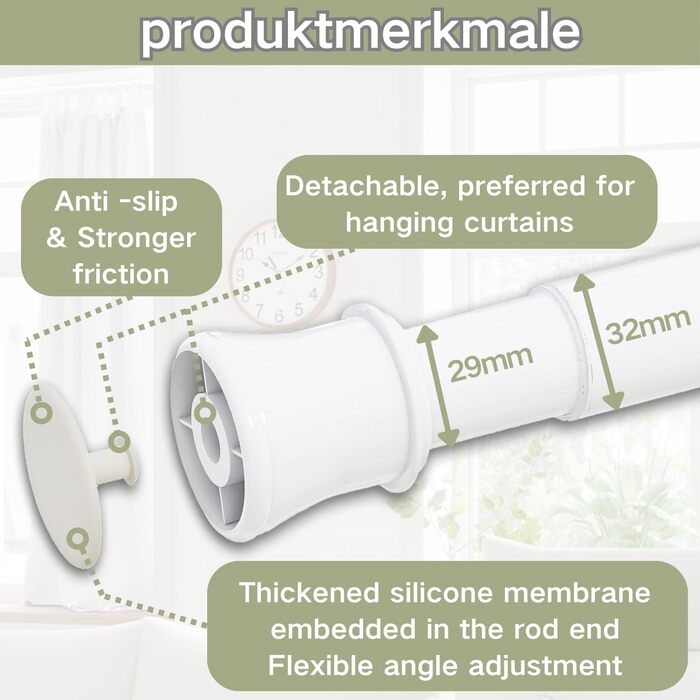 Штанга для карниза без свердління та шурупів, телескопічна, для душу та шафи, 85-230 см (діаметр 32 мм)