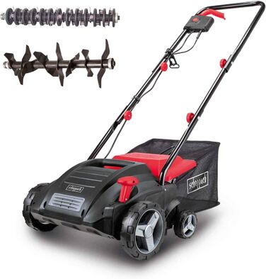 Scheppach Electric Scarifier SC32 | 1500W Power | Working Width 32cm | 30 L Collection Basket | 4-Position Height Adjustment/up to 4mm | Scarifying Roller (16 Blades) and Aeration Roller (36 Tines)