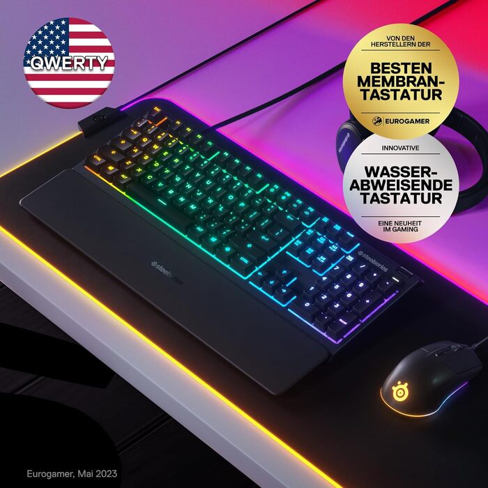 Клавіатура SteelSeries Apex 3 - ігрова з RGB-підсвічуванням та магнітною підставкою для зап'ястя (QWERTZ)