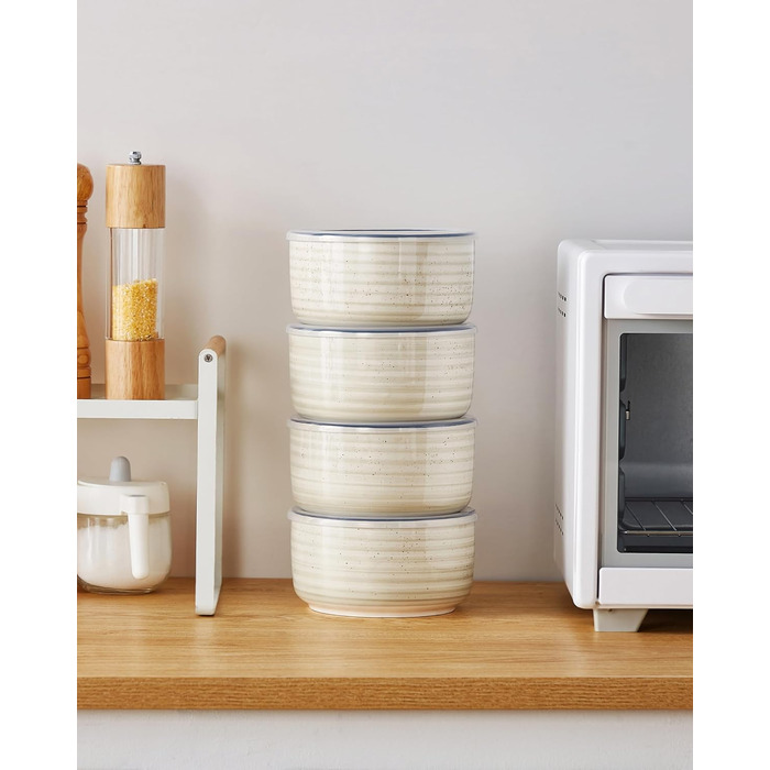 Набір керамічних супових та сервірувальних мисок Vancasso Bonbon з кришкою (4 шт.), бежевий