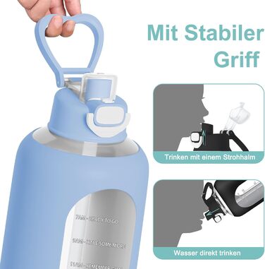 2 Liter Glass Water Bottle, 2L Glass Bottle, Glass Water Bottle with Straw, Bottle Brush (Blue)