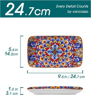 Vancasso Serving Plates, Porcelain, SIMI Rectangular Plate Set, 6-Piece Bohemian Dinner Plates, Dessert Plates for 6 People, 24.7 x 14.2 x H 3.1cm