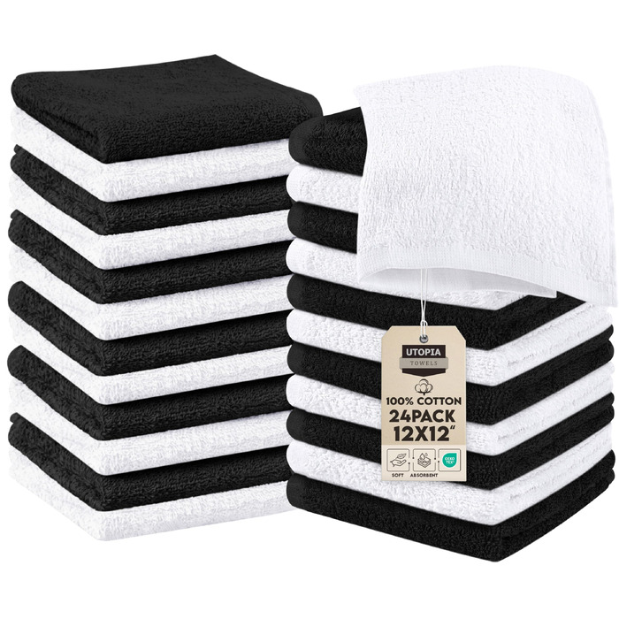 Набір м'яких фланелевих рушників для обличчя Utopia Towels, 100% бавовна, гігроскопічні, 24 шт., чорний/білий