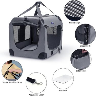 Транспортний бокс для тварин Petprsco з м'якими стінками, 3-дверний, складаний, з ременями, 60x42x42 см, сірий