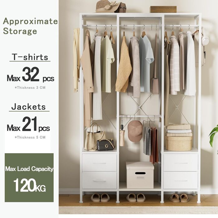 Відкрита шафа для одягу з вішалкою та 4 шухлядами, біла. Підходить для спальні, вітальні, передпокою. Стабільна та міцна.