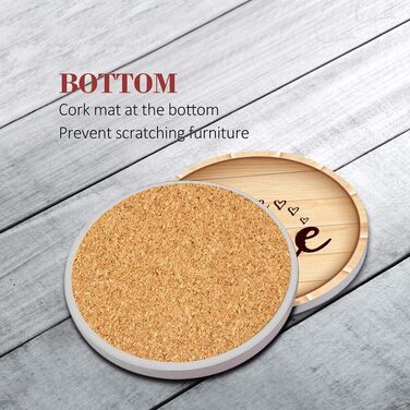 Britimes Drink Coasters, Set of 6, White Marble, Inspiring Love, Absorbent, Round, Ceramic-Stone Mat, with Cork Base and Metal Holder, Gift for Housewarming, Bar, Decor (Retro 8)