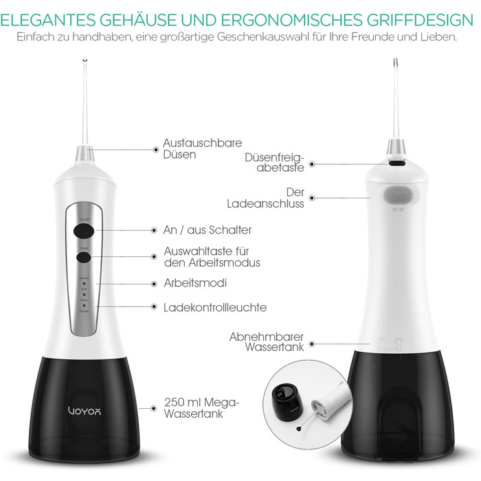 Електрична іригатор VOYOR для очищення зубів, водяний флосер для видалення бактерій та догляду за яснами, IPX7, WF200 (Сірий)