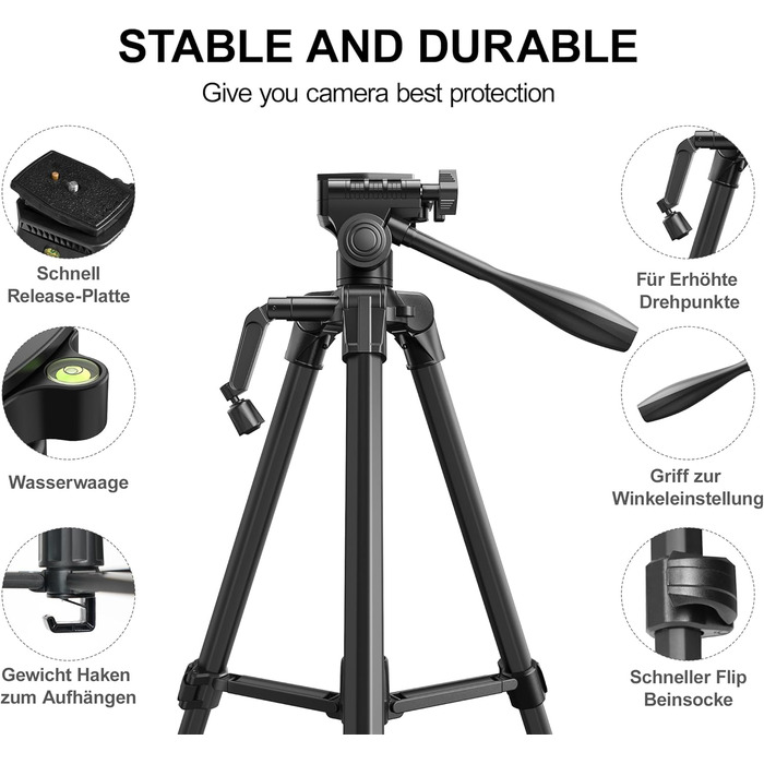 Штатив для камери RALENO Stabile, 152 см, з сумкою. Легкий та міцний штатив для професійних фотографів та відеозйомки з тримачем для телефону iPhone. Модель TP-40