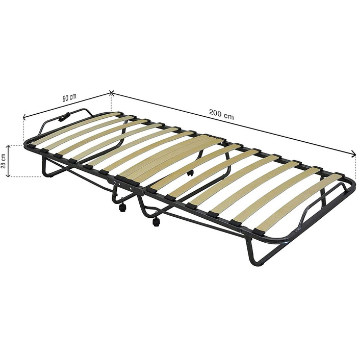 Розкладне ліжко Cortassa XL Comfort з матрацом з поліуретану, 90x200 см, з дерев'яним ламелевим дном, на колесах, висота 10 см