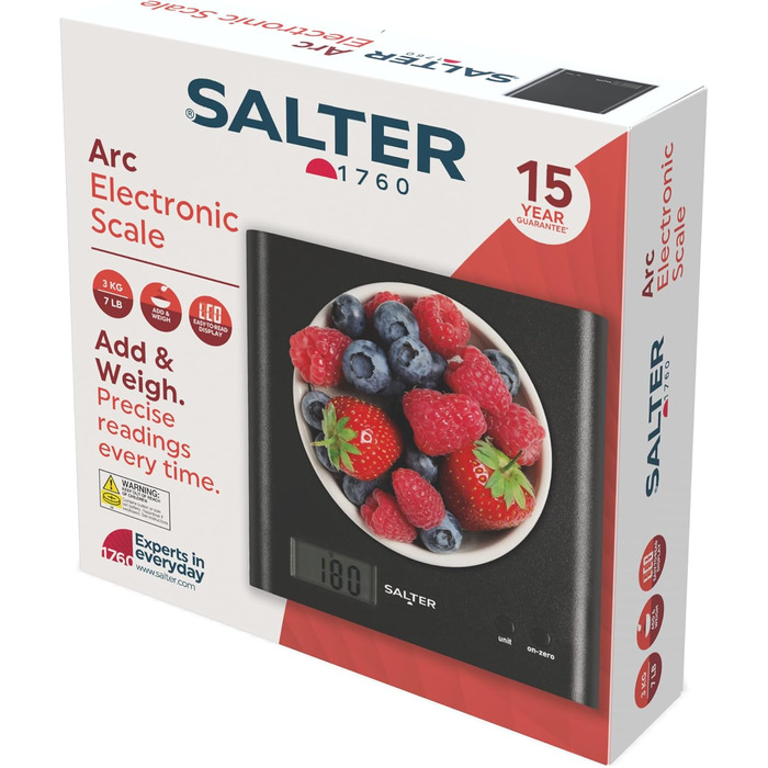 Кухонні ваги Salter Arc 1066 BKDRAS15 - цифрові, чорні, з LCD-дисплеєм, функція таро та додавання