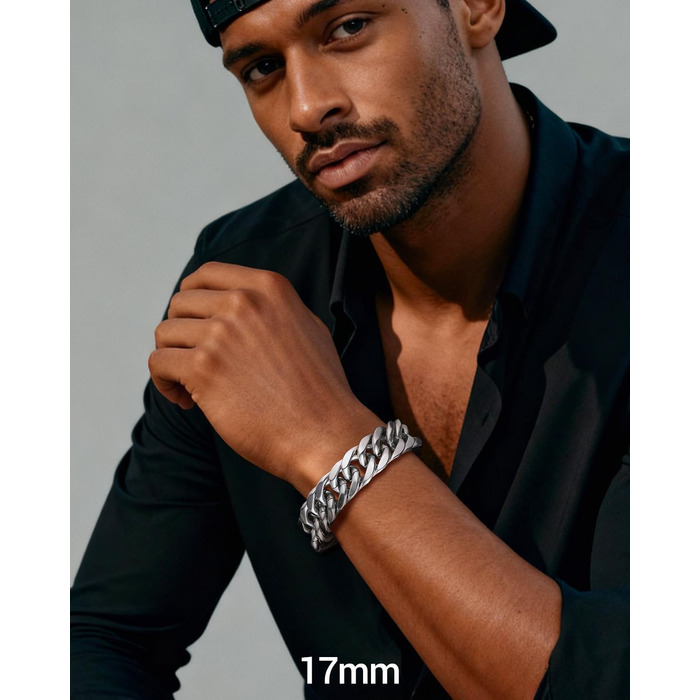 Чоловічий браслет PROSTEEL з нержавіючої сталі з 18K золотом, чорний панцерний браслет, важкий ланцюговий браслет для чоловіків та підлітків, 8 мм/12 мм/16,5 мм/17 мм (17 мм срібло, 19 см)