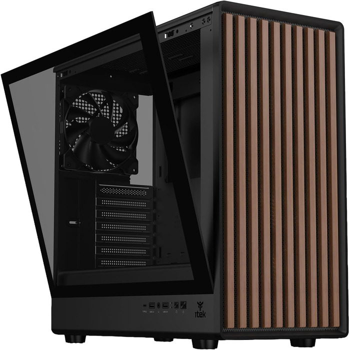 Ігровий корпус Itek Woody W2B ATX Tower, 4 вентилятори 140мм, USB 3.0, Type-C, дерев'яна передня панель, загартоване скло, чорний