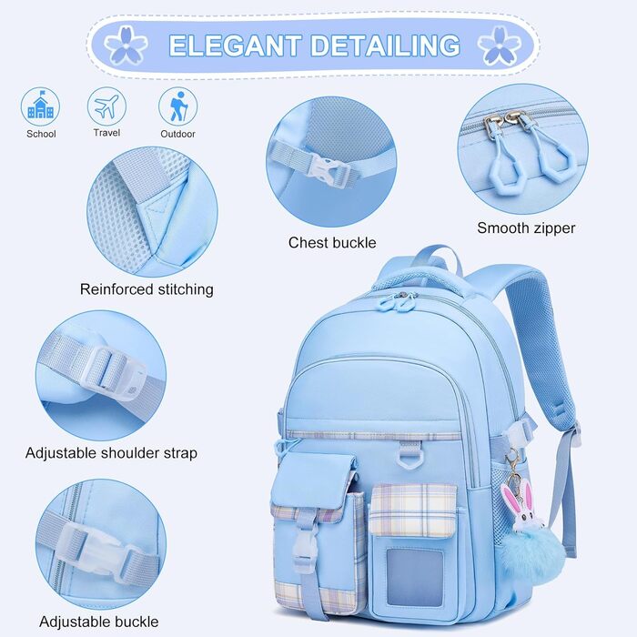 KEBEIXUAN Шкільний рюкзак для дівчаток | Милий рюкзак для початкової школи (1-5 класи) | Дихаючий, водовідштовхуючий рюкзак для дівчаток + ізольована сумка для обіду + пенал, блакитний