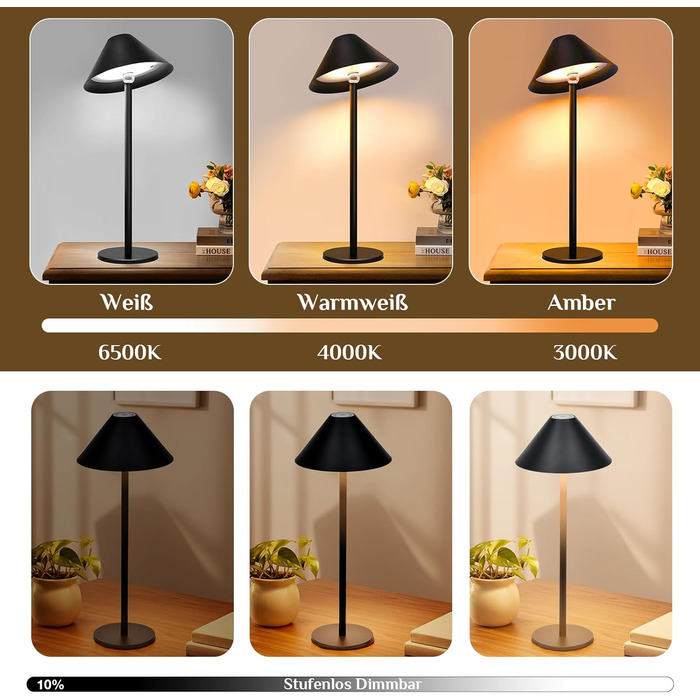 Світлодіодна настільна лампа Rosnek бездротова, акумуляторна 4000 mAh з димером, поворотна на 360°, чорна