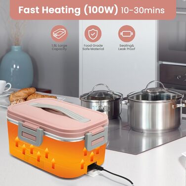 BYbrutek Electric Lunch Box 100W, 3-in-1 Portable Heated Lunch Box, 1.8L Stainless Steel Removable Food Container, 12V/24V/220V Insulated Food Warmer Box for Car/Truck/Office (Pink, 1.8 L)