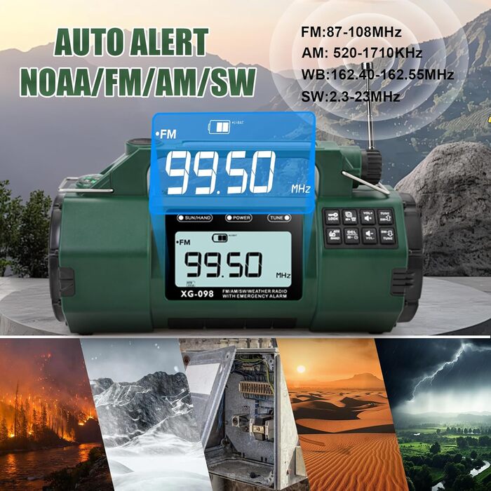 Радіоприймач аварійний з сонячною панеллю та ручним заводом, 5000mAh, AM/FM/SW/NOAA, будильник, компас, зарядний пристрій для телефону, зелений (хакі)