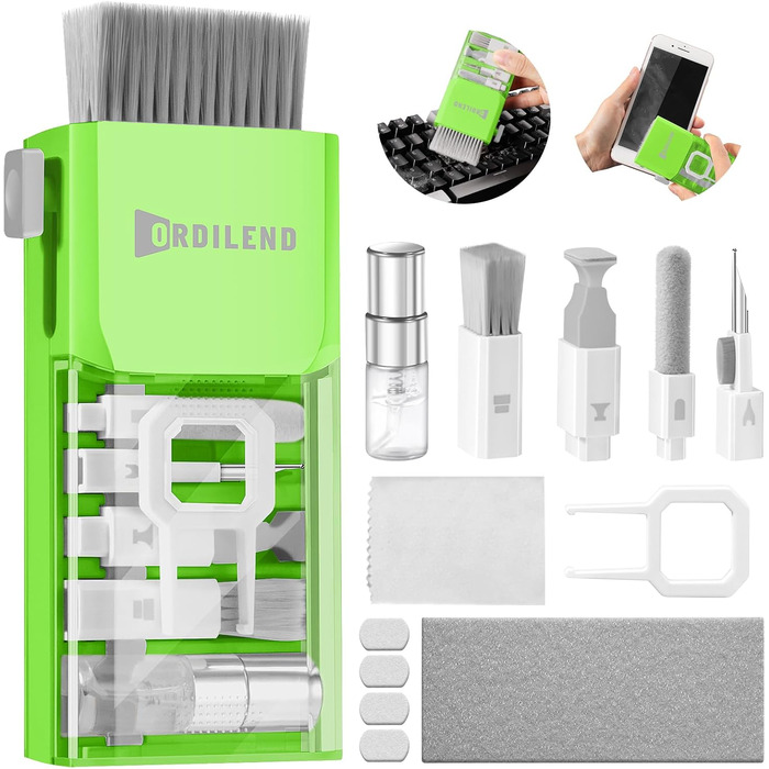 Набір для чищення клавіатури Ordilend: для смартфонів, ноутбуків, планшетів, ПК, моніторів, AirPods, з пульверизатором та щіткою