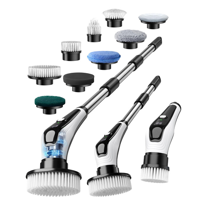 Електрична щітка для прибирання з 9 насадок, щітка для швів, водонепроникна IPX8, електричний скрубер з регульованою ручкою, 2 швидкості, для ванної кімнати, кухні, авто, підлоги, білий+чорний