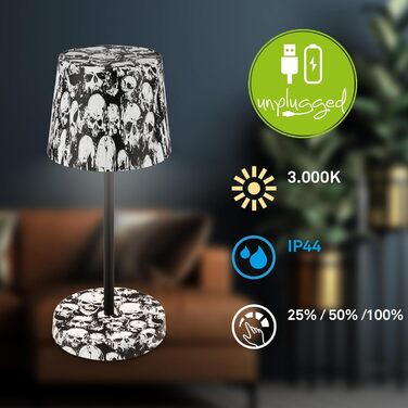 LED настільна лампа BRILONER з бездротовим живленням, регульована яскравість, сенсорне управління, для дому та кемпінгу, з дизайном черепів, Ø105x260 мм